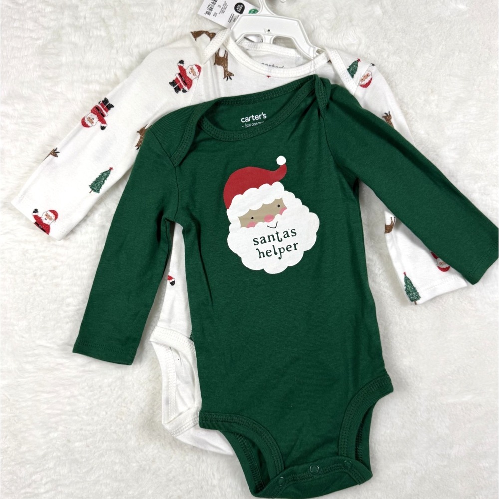 NEW Carter's Cotton Santa's Helper Six Months Two Long Sleeved Body Suits